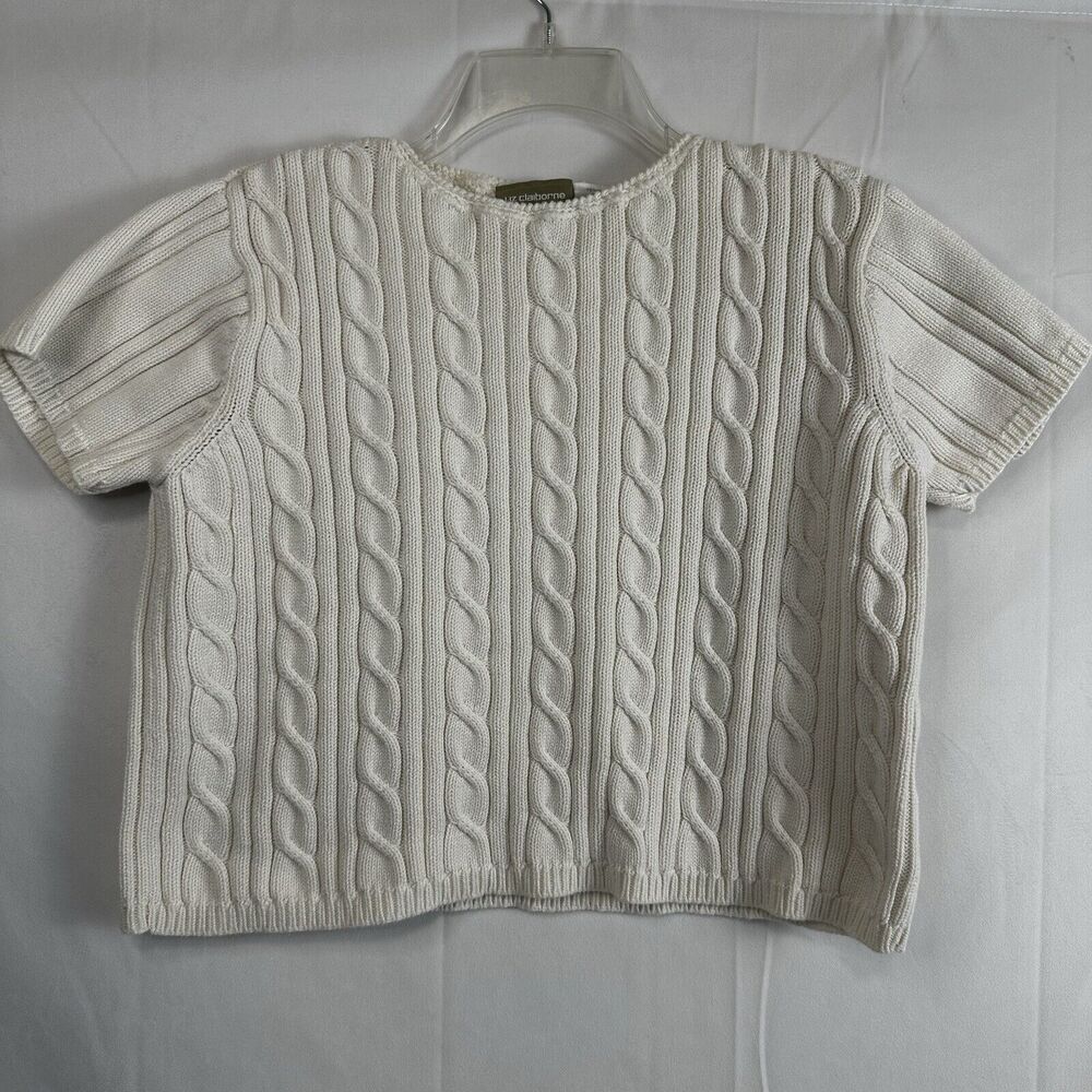 Vintage Liz Claiborne Women s White Cable Knit Shortleeves Top- Size Petite LG